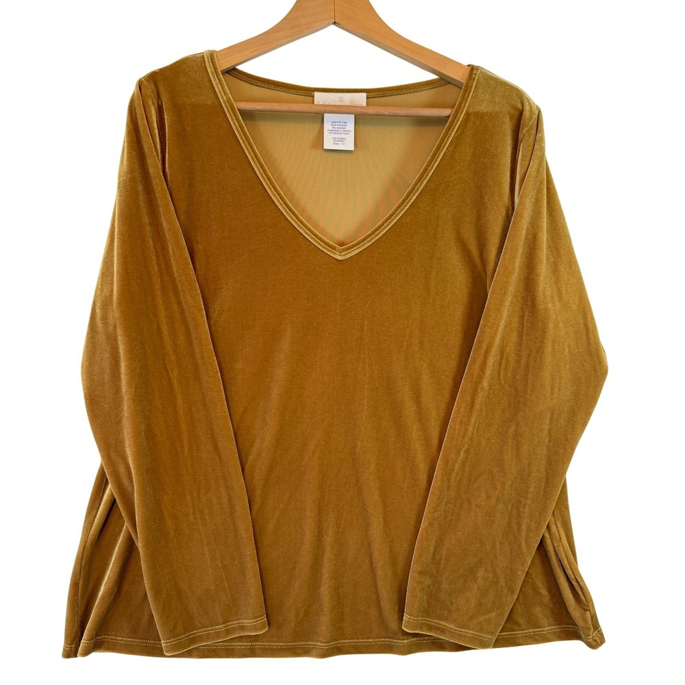 Soft Surroundings Long Sleeve Top Womens 1X Gold Velvet V-Neck